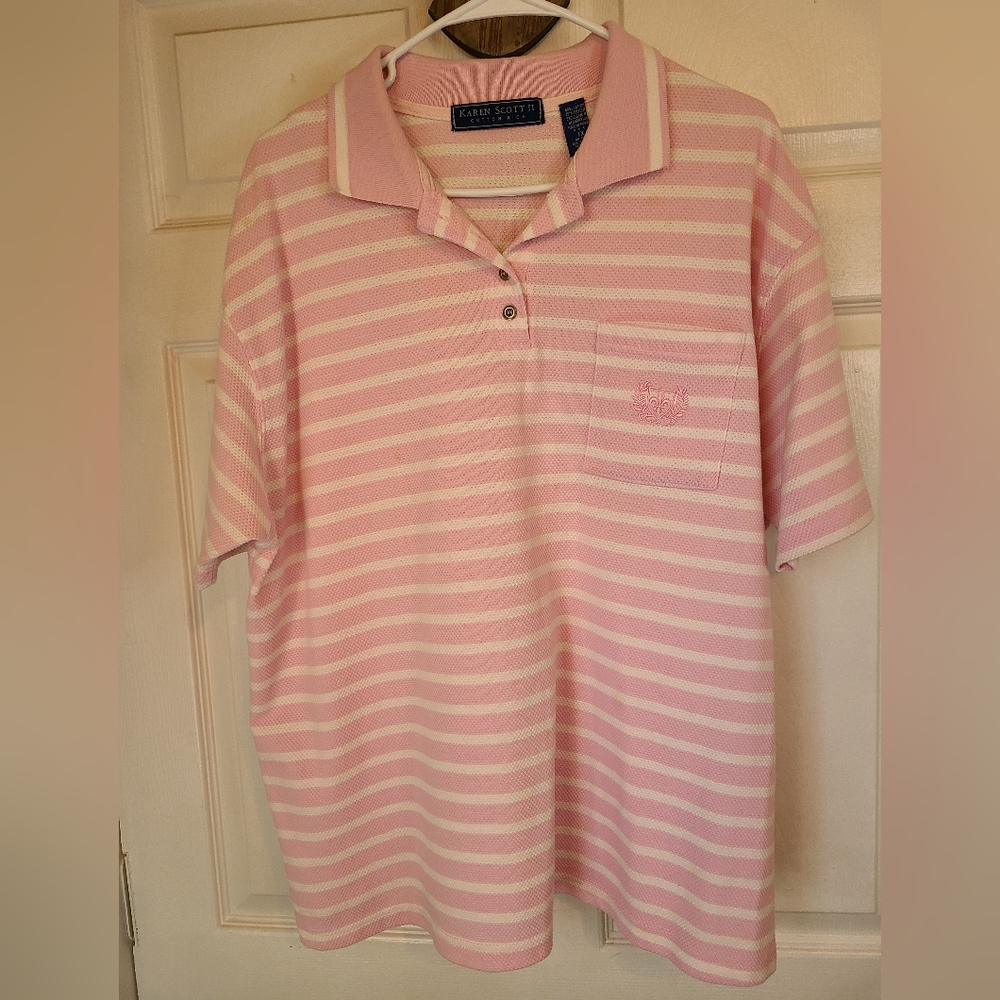 (1043) Karen Scott II Woman's Short Sleeve Polo Shirt,  Size: 1X Pink/White